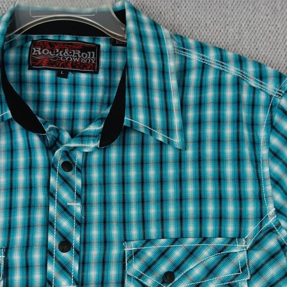 Rock & Roll Cowboy Western Shirt Mens Large Teal Check Western Rodeo Cowboy Snap - Picture 5 of 12